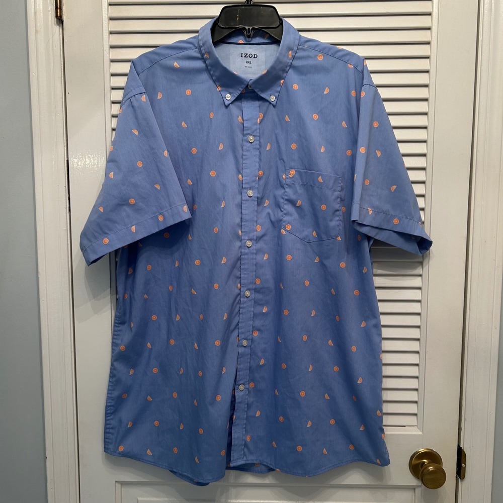IZOD XXL Mens Blue Fruit Print‎ Short Sleeve Button Down Casual Shirt